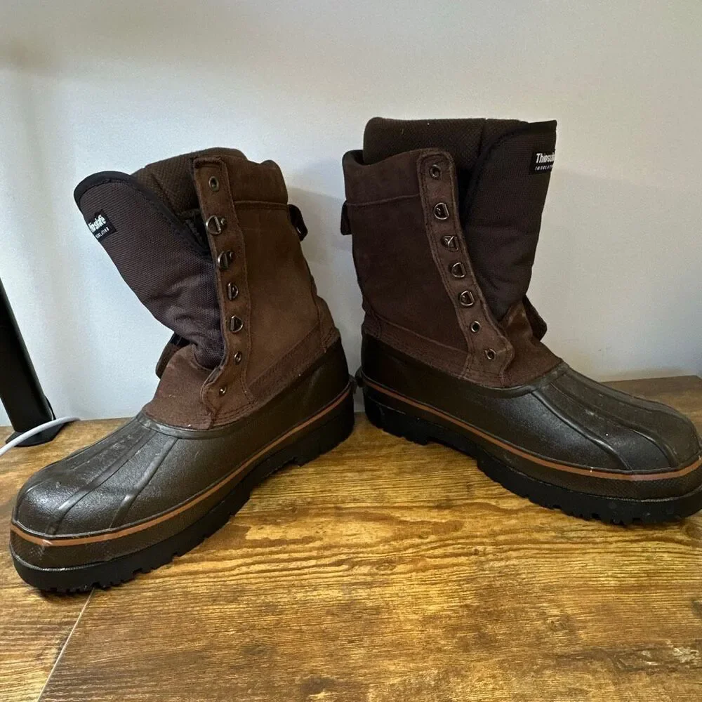 Field & Stream Duck Boots Brown Leather Round Toe Lace Up Thinsulate Lined Sz 10